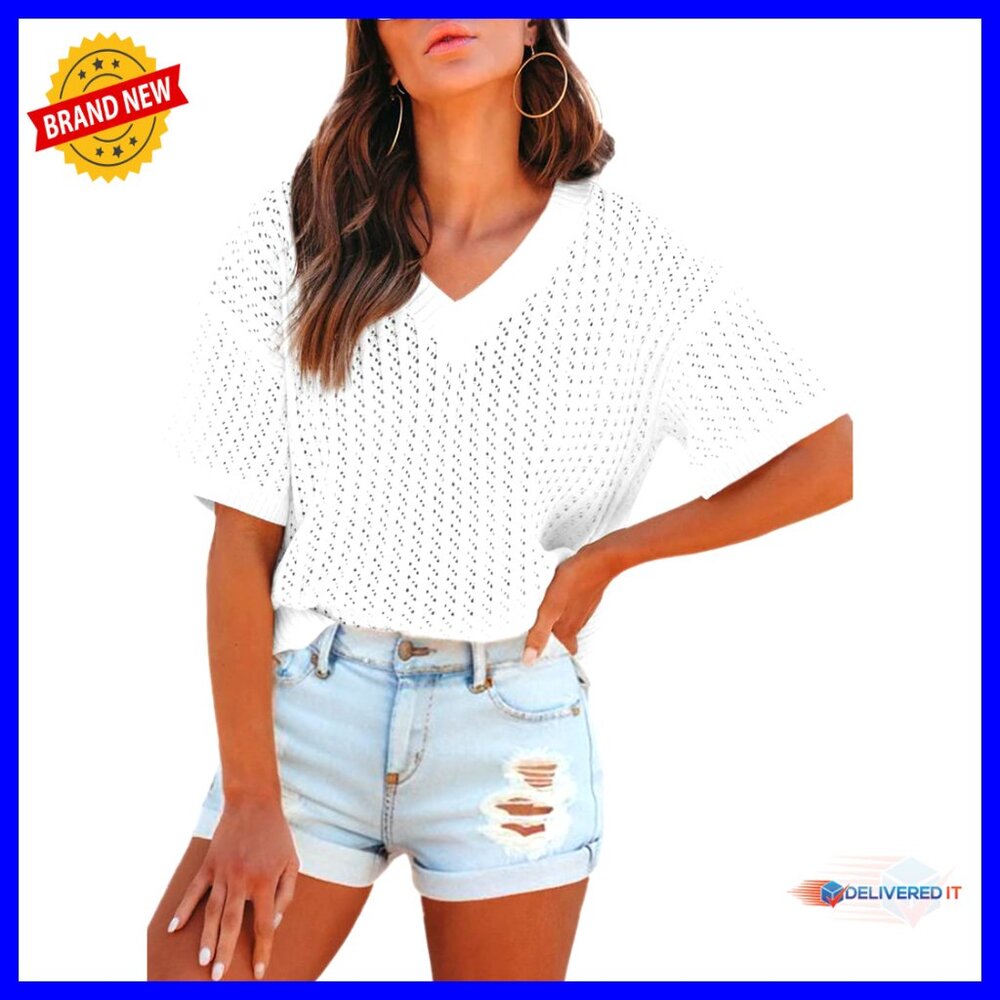 V Neck Short Sleeve Hollow Out Lightweight Loose Fit Sweater Blouse